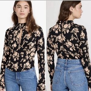 FREE PEOPLE FLORAL PRINTED DINNER PARTY TOP IN BLACK COMBO WOMEN'S SIZE SMALL